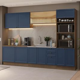Armário de Cozinha Completa 310 cm Rustic/Azul Vik Madesa 01 Azul Escuro