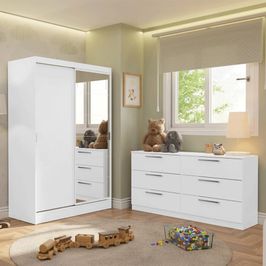 Quarto Infantil Completo Guarda Roupa 2 Portas 2 Gavetas com Espelho e Cômoda Madesa​ Branco