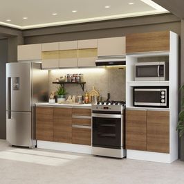 Armário de Cozinha Completa 100% MDF 310 cm Branco/Rustic/Crema Smart 01 XA Branco/Rustic/Crema