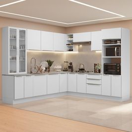 Armário de Cozinha Completa 566cm Banco Veludo Lux Madesa 01 Branco/Branco Veludo