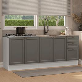 Kit com 2 Balcões de Cozinha 3 Gavetas 4 Portas (Sem Tampo e Pia) Branco/Cinza Vik Madesa 01 Branco/Cinza