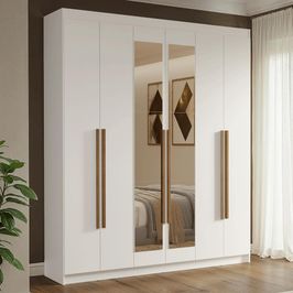 Guarda-Roupa Casal 6 Portas Batentes com Espelho Branco/Branco/Rustic Venus Madesa Branco/Branco/Rustic