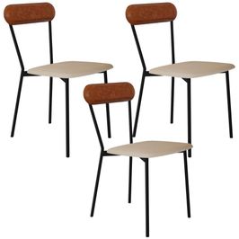 Kit 03 Cadeiras Estofada Para Sala de Jantar Liora Preto C01 Linho Areia Courino Caramelo - Lyam Decor