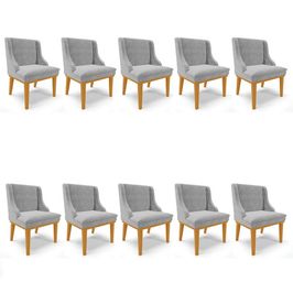 Kit 10 Cadeiras Estofadas para Sala de Jantar Base Fixa de Madeira Castanho Lia Suede Cinza - Ibiza