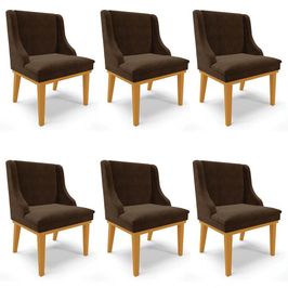 Kit 6 Cadeiras Estofadas para Sala de Jantar Base Fixa de Madeira Castanho Lia Suede Marrom - Ibiza