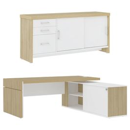Mesa Escritório em L e Balcão 2 Portas 3 Gavetas Corp A06 Carvalho/Branco - Mpozenato