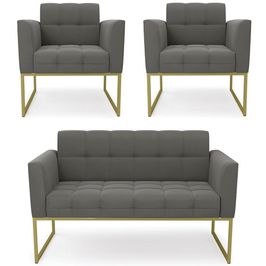 Sofá Namoradeira e 2 Poltronas Base Industrial Dourado Ana Suede Grafite - Ibiza