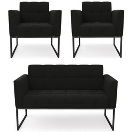 Sofá Namoradeira e 2 Poltronas Base Industrial Preto Ana Suede Preto - Ibiza