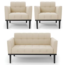 Sofá Namoradeira e 2 Poltronas Base Madeira Preto Ana Suede Bege - Ibiza