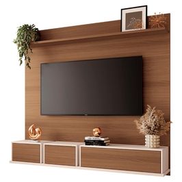 Painel TV 70 Pol 180cm Bancada Suspensa Mone H01 Off/Castanho - Mpozenato