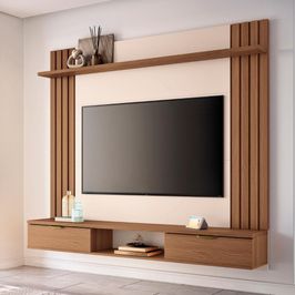 Painel TV 70 Pol 180cm Bancada Suspensa Solus Off/Castanho - HB Móveis