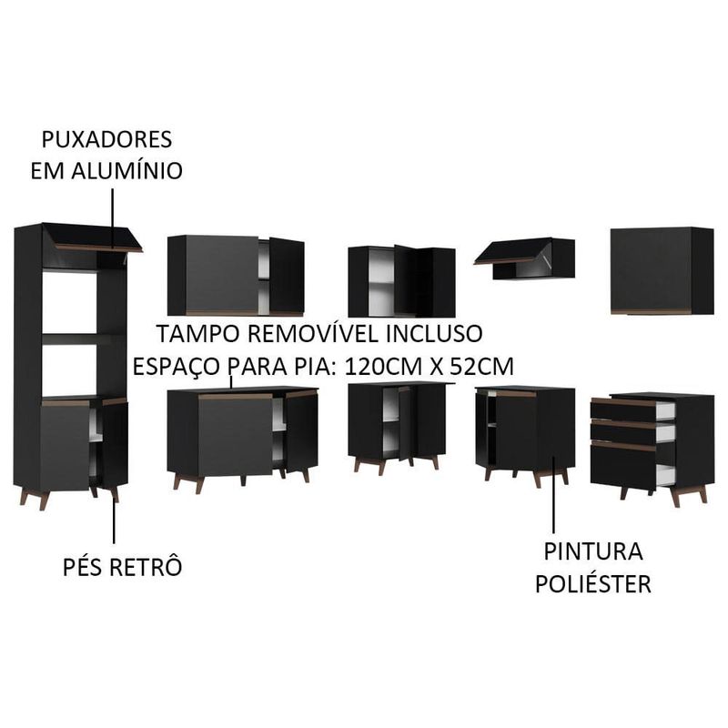 Cozinha Completa de Canto Madesa Reims 402001 com Armário e Balcão - Preto