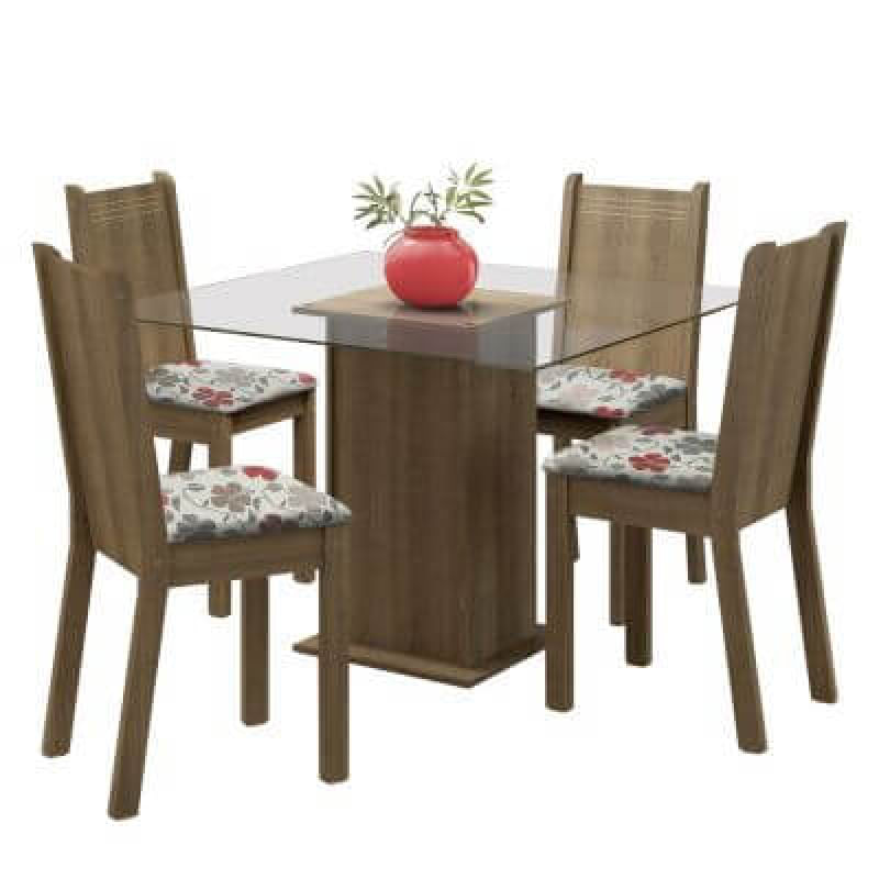 Conjunto Sala de Jantar Madesa Talita Mesa Tampo de Madeira com 4 Cadeiras  Rustic/Crema/Floral Hibiscos