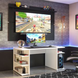 Mesa para Computador Gamer Madesa 9409 e Painel para TV até 65 Polegadas Branco/Preto