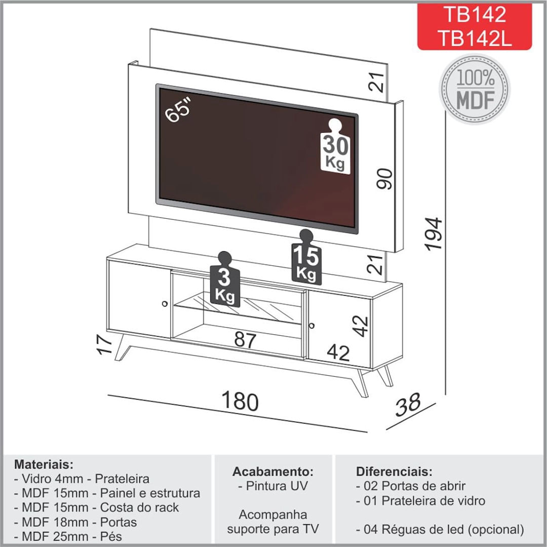 Rack Bancada 1,80 MDF Off White com Freijó - Dalla Costa - Rack