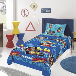 Jogo de Cama Lepper Solteiro Microfibra Estampado Mickey Aventura Rodas 03 Pçs Azul