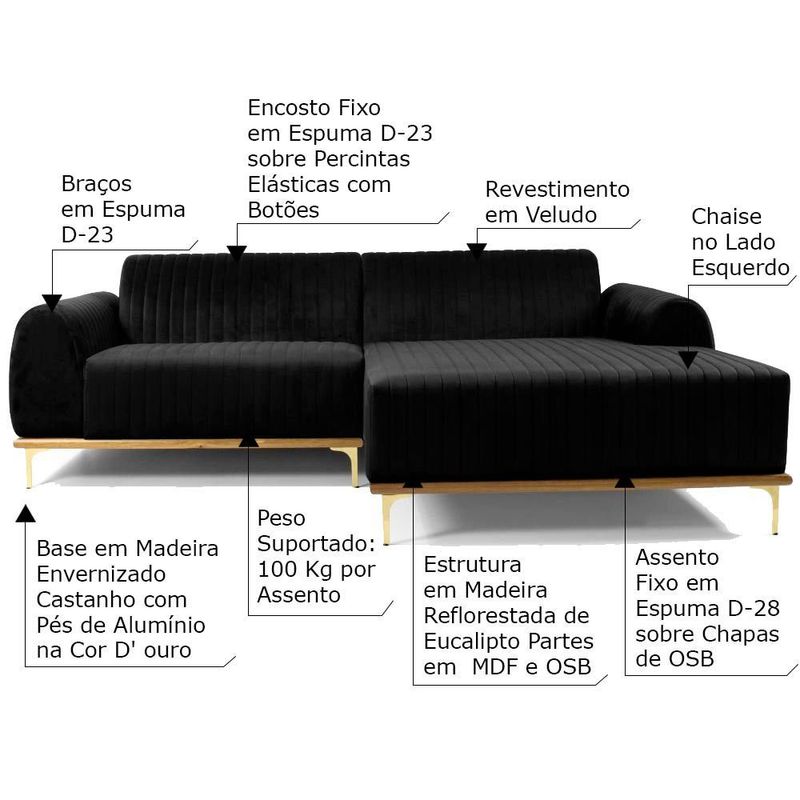 Sofá 4 Lugares Bipartido com Chaise Lado Esquerdo Base de Madeira Euro