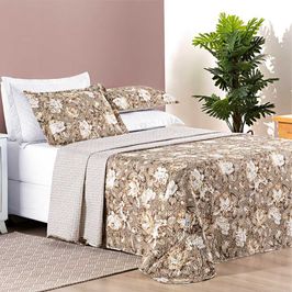 Colcha Essencial Casal King 3 Peças Dupla Face -  Floral Cáqui