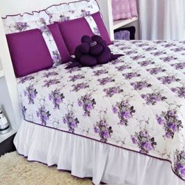 Colcha Tecido Algodão floral Casal Padrão 08 Peças - Lilás