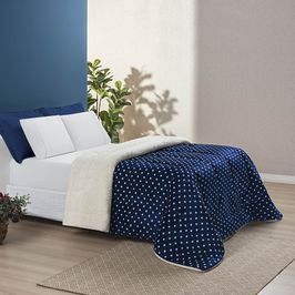 Edredom Coberdrom Romantico Poá Padrão Sherpa e Manta Flannel - Marinho