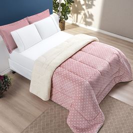Edredom Coberdrom Romantico Poá Solteiro Sherpa e Manta Flannel - Rosa
