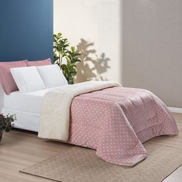 Edredom Coberdrom Romantico Poá Padrão Sherpa e Manta Flannel - Rosa