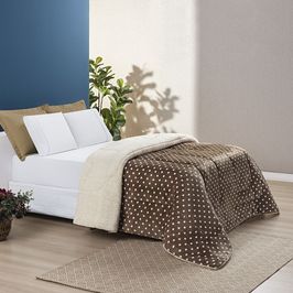 Edredom Coberdrom Romantico Poá Queen Sherpa e Manta Flannel - Cáqui