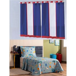 Cortina Top Quarto Menina e Colcha Matelada Foguete - Azul