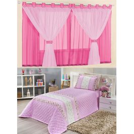 Kit Top para Quarto de Menina = Cortina Voal  + Cobre Leito Manoela - Rosa