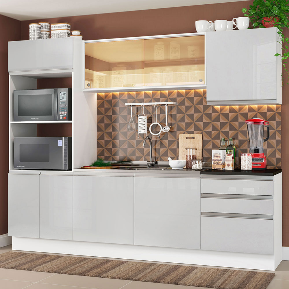 Cozinha Completa 100% MDF Madesa Smart Modulada de Canto - Frentes Branco  Brilho