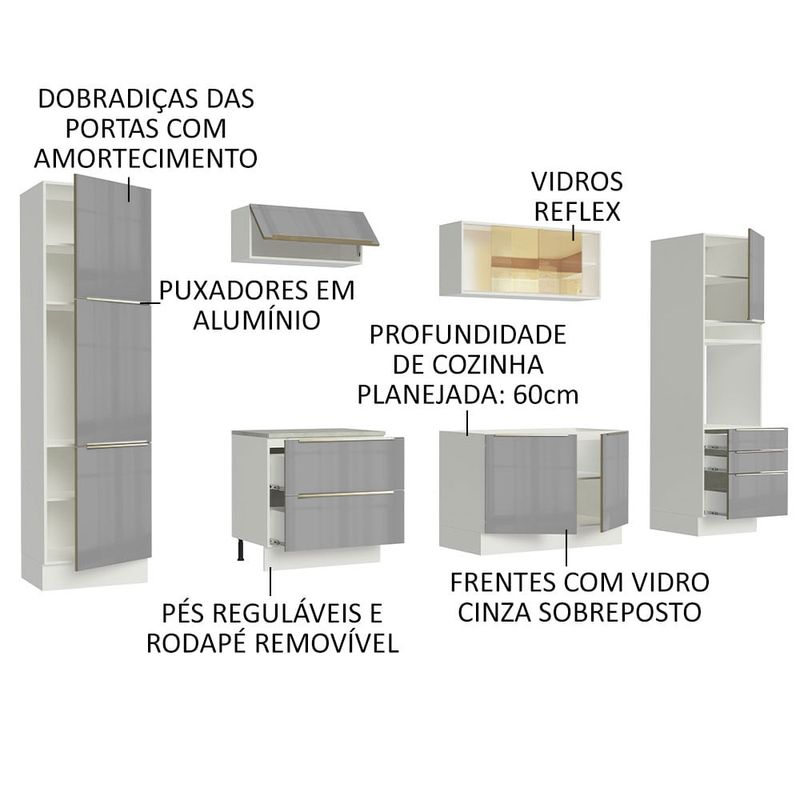 Armário de Cozinha Compacta 200cm Branco/Cinza Lux Madesa 01