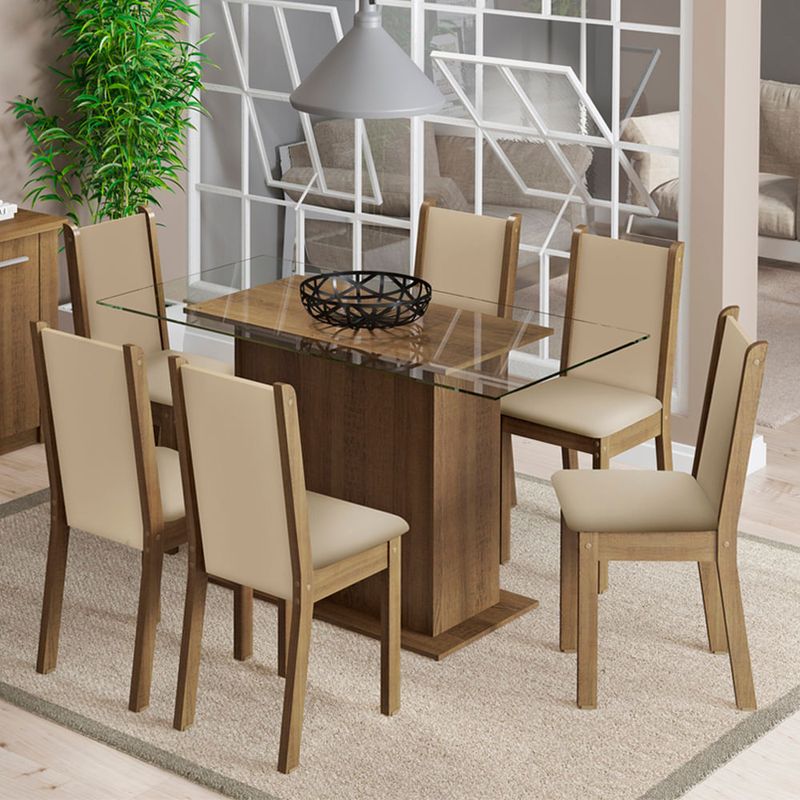 Conjunto de Mesa 10 Cadeiras Tampo MDF e Vidro Assento Estofado