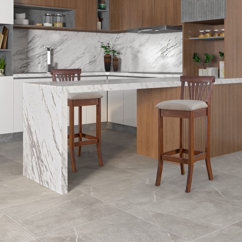 Banqueta Alta Madeira Maciça Pontes Linho Off White/Imbuia G42 - Gran Belo