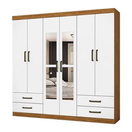 Guarda Roupa Casal Lu 6 portas 4 Gavetas Com Espelho Carioca Móveis Freijó com Branco