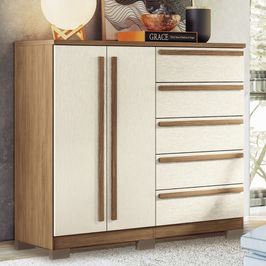 Cômoda Com Pés 2 Portas 5 Gavetas Málaga Gold Santos Andirá | Jatoba/Areia (S/V)