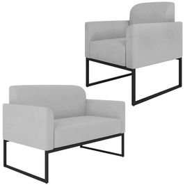 Conjunto Namoradeira e Poltrona Decorativa Isabella Base Industrial Suede Cinza/Preto G19 - Gran Belo
