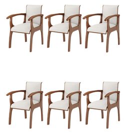 Kit 6 Cadeiras Decorativa Sala de Jantar Madeira Maciça Pedri com Braço Linho Off White/Imbuia G42 - Gran Belo
