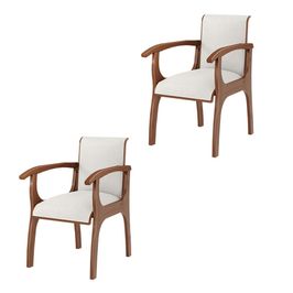 Kit 2 Cadeiras Decorativa Sala de Jantar Madeira Maciça Pedri com Braço Linho Off White/Imbuia G42 - Gran Belo