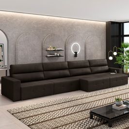 Sofá Retrátil 6 Lugares 364cm 4 Módulos Nero com USB Couro Marrom G52 - Gran Belo