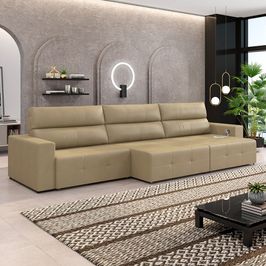 Sofá Retrátil 6 Lugares 404cm 3 Módulos Nero com USB Couro Bege G52 - Gran Belo