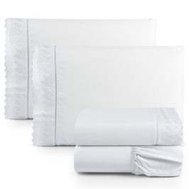 Jogo de Lençol Casal Suave Barrado Lese 4 Peças Barato - Branco