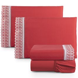 Jogo de Lençol Casal Suave Barrado Lese 4 Peças Barato - Vermelho
