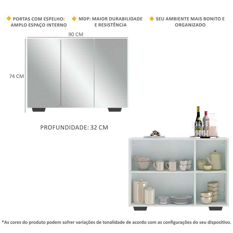 Aparador Buffet 3 Portas com Espelho e Pés Quadrados Vegas Multimóveis  MP1014 Branco