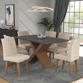 Conjunto Mesa de Jantar 160 cm com 6 cadeiras Moscou Multimóveis EX1009 Madeirado/Grafite/Bege