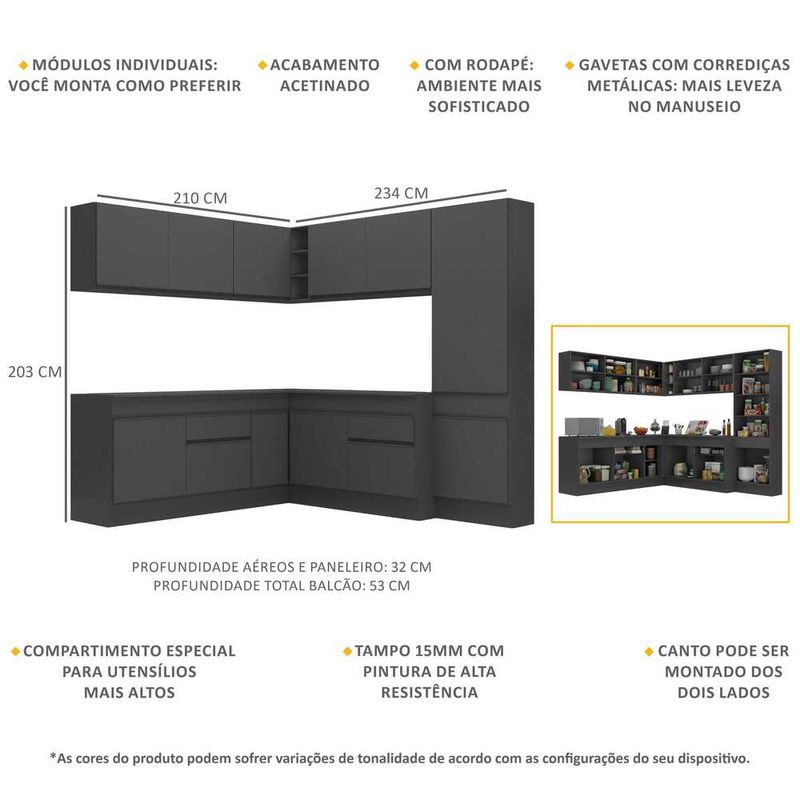 Armário de Cozinha Completa de Canto com Rodapé Veneza Multimóveis MP2102.895 Preto