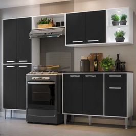 Armário de Cozinha Compacta c/ 2 Leds e Balcão com Tampo 4 pçs Xangai Multimóveis Branca/Preta