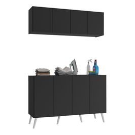 Conjunto Lavanderia Retrô Multiuso Armário Aéreo e Balcão 4 Portas Multimóveis MP5053 Preto/Branco