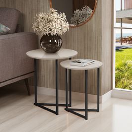 Mesa Lateral Jade Conjunto com 2 mesas Pé de Aço Preto/Off
