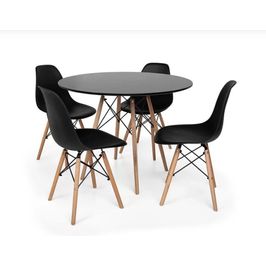 Conjunto De Mesa De Jantar Eames Eiffel Redonda 90cm Tampo De Madeira Preto Com 4 Cadeiras Pretas PR