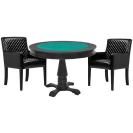 Mesa de Jogos Carteado Victoria Redonda Tampo Reversível Preto com 2 Cadeiras Liverpool Corino Preto Matelassê G36 G15 - Gran Belo